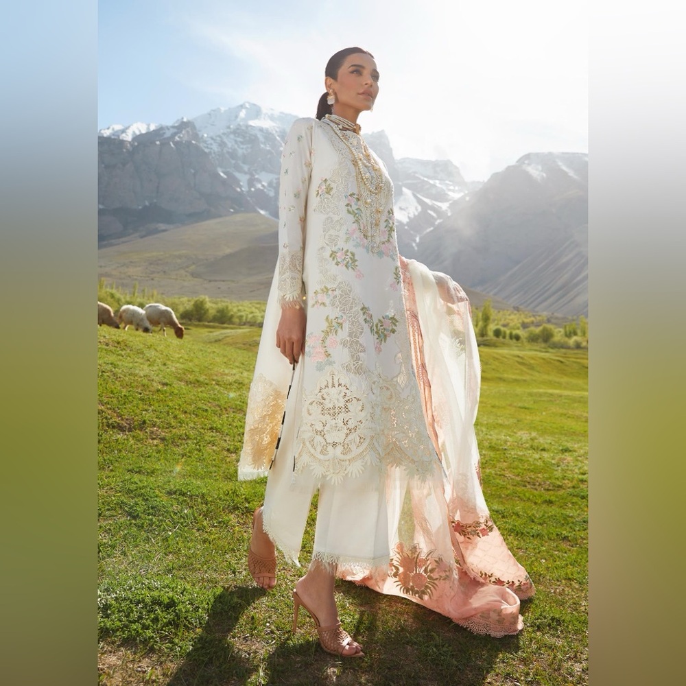 Pakistani designer crimson by sairashakra festive lawn suit ready to wear white